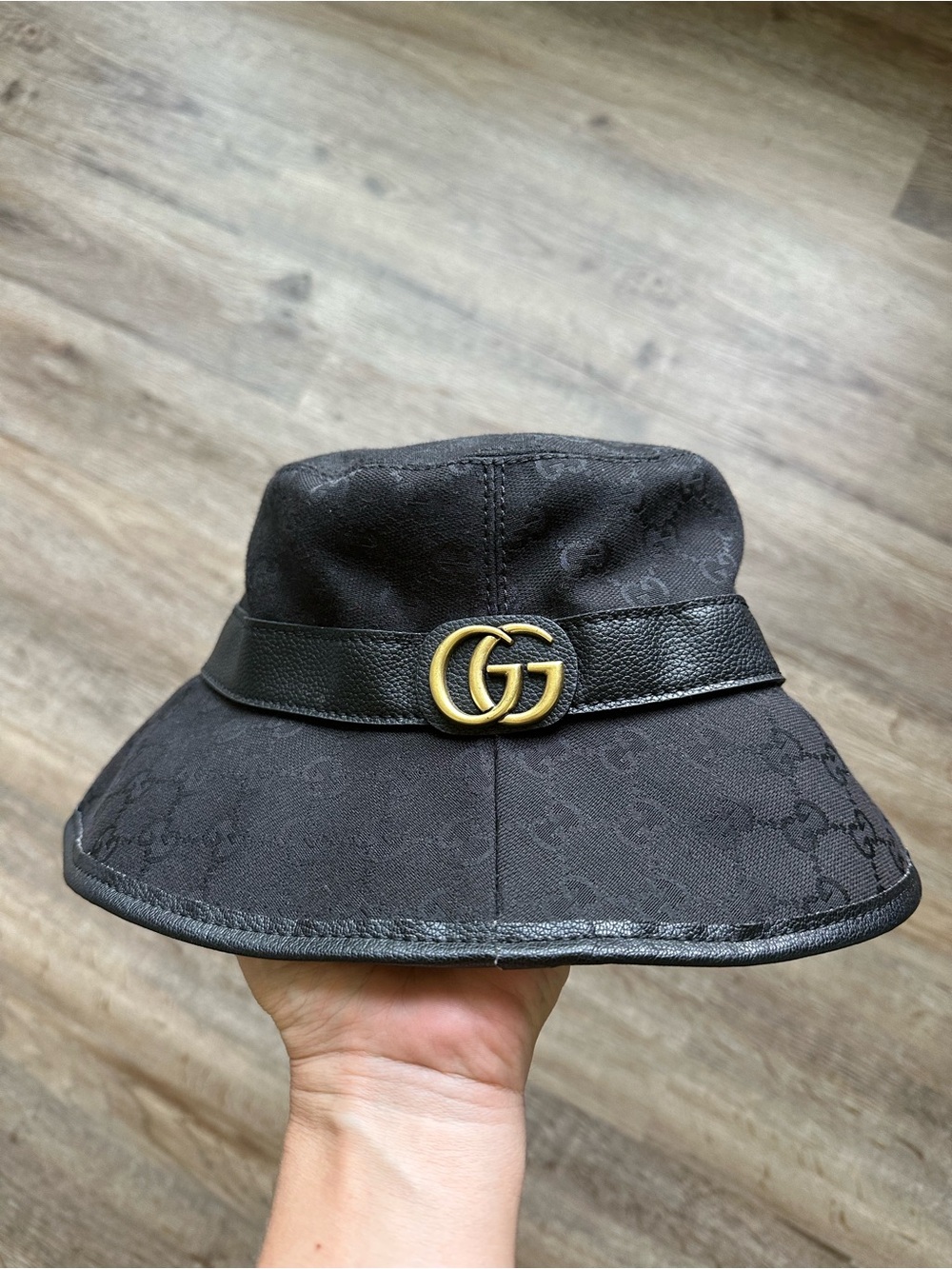 Gucci Black GG Monogram Leather-Trim Bucket Hat with Gold Logo